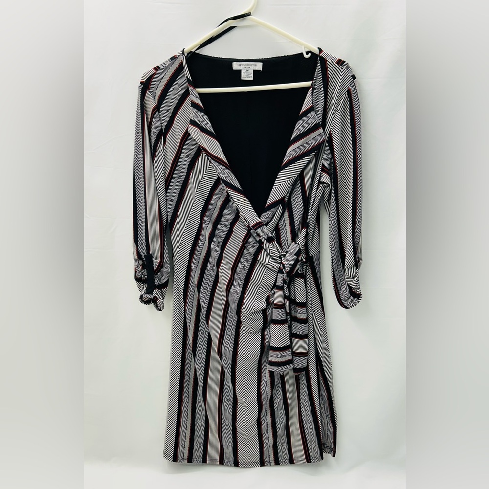 Vintage Faux Wrap Dress Stretch Knit Black White Red Striped P Medium 90s 00s